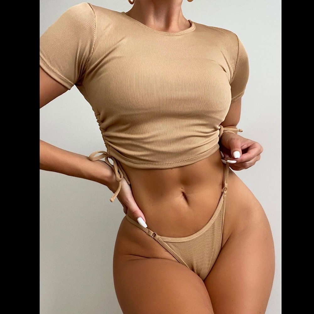 ribbed ruched t shirt bikini set July sale